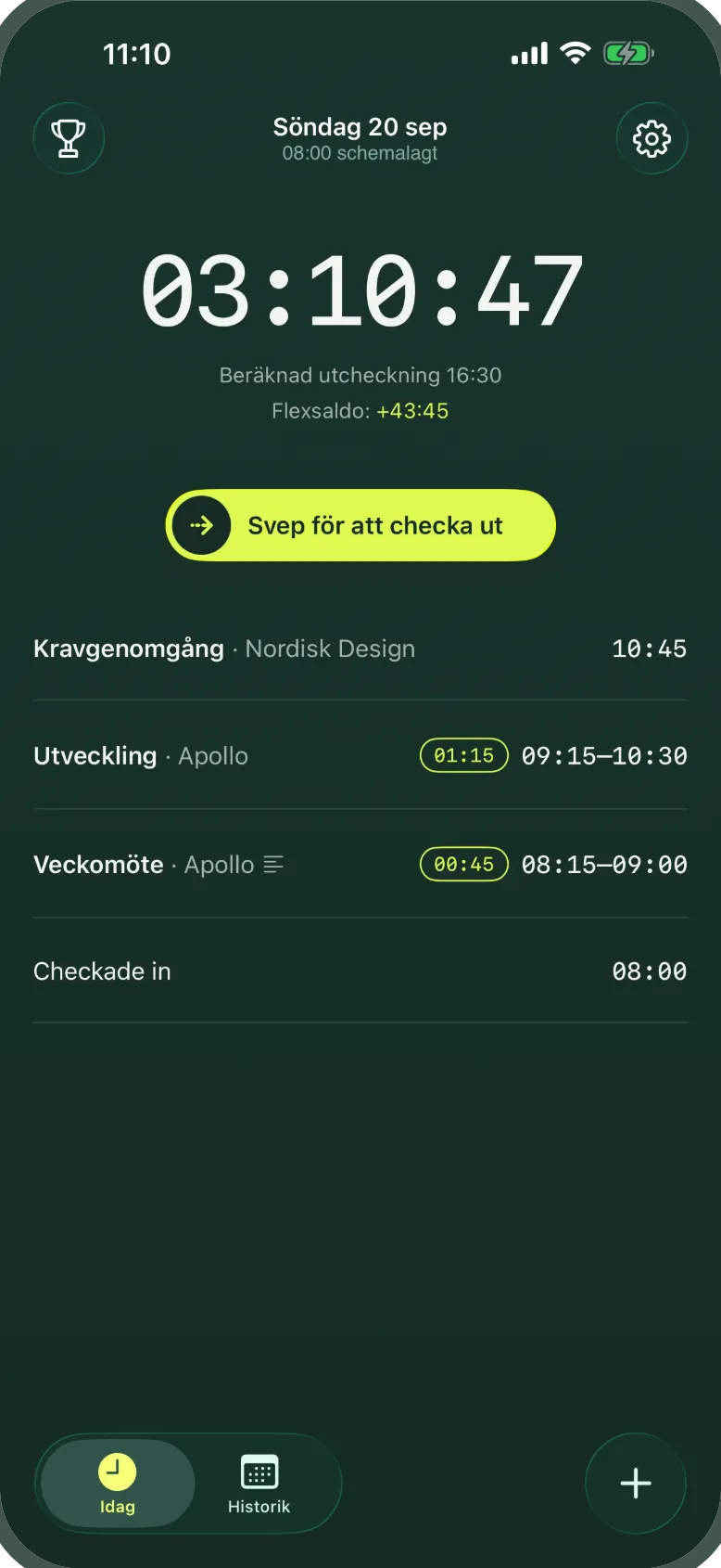 Werk på en iPhone – dagens klocka på 03:10:47 och dagens aktiviteter listade under